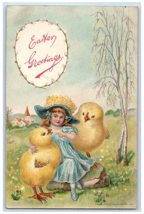 1912 Easter Greetings Egg Pipe Berry Girl Chicks Hammond Indiana IN Postcard