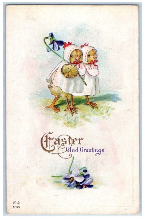 c1910's Easter Greetings Anthropomorphic Chicks With Flower Canada Postcard