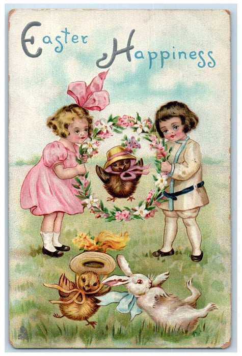 1913 Easter Happiness Rabbit Chick Children Playing Chicks Tuck's Postcard