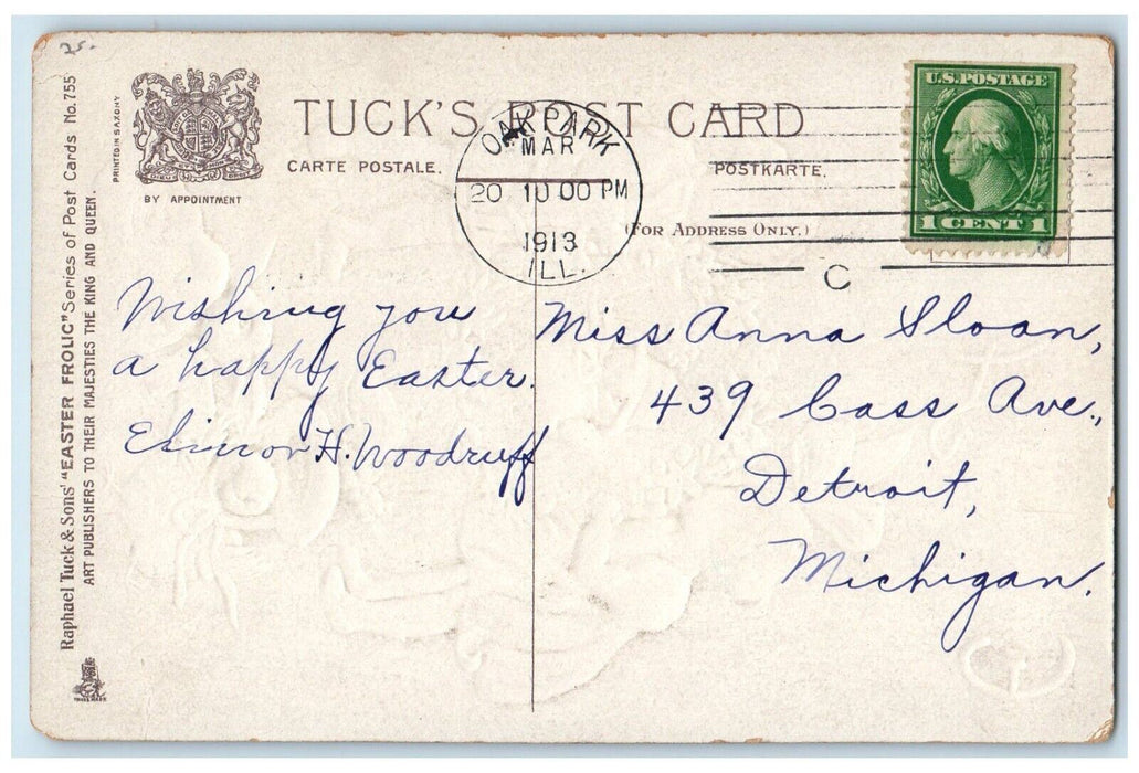 1913 Easter Happiness Rabbit Chick Children Playing Chicks Tuck's Postcard