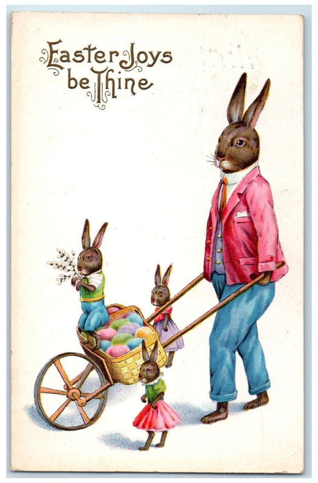 1915 Easter Anthropomorphic Rabbit Pushing Cart Eggs Basket Pipe Berry Postcard