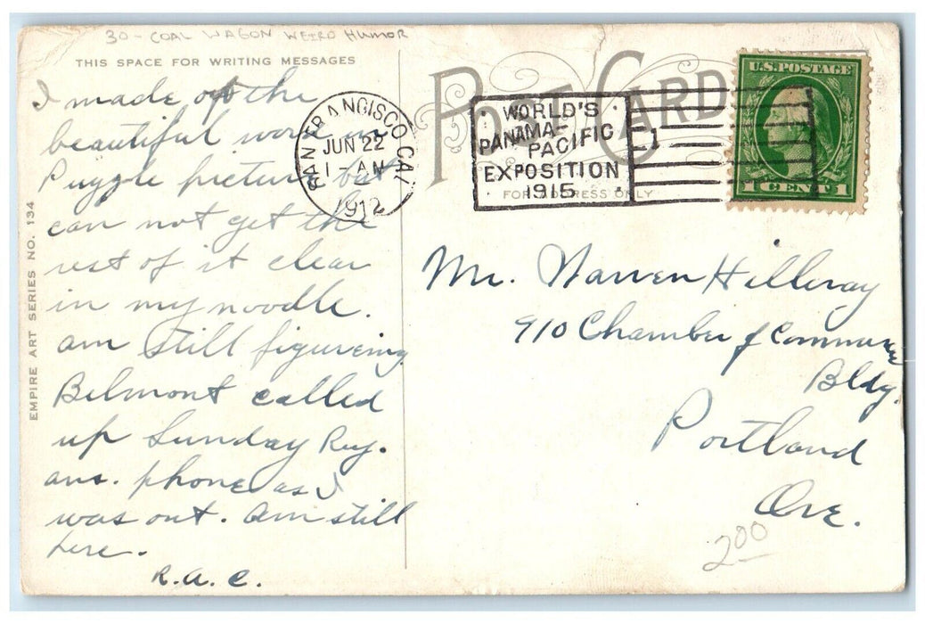 1912 Coal Wagon Weird Humor Moral Don't Rubber San Francisco CA Antique Postcard