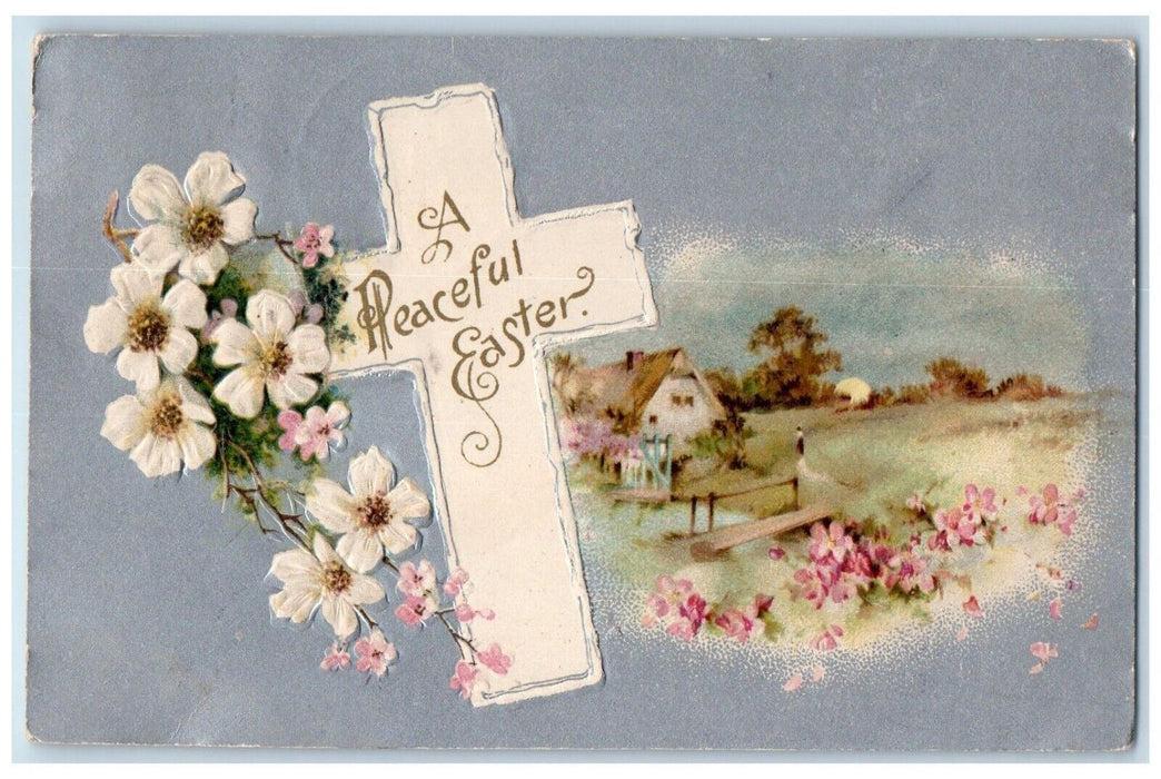 1907 Easter Holy Cross Flowers House Wooden Bridge Nash Embossed Posted Postcard
