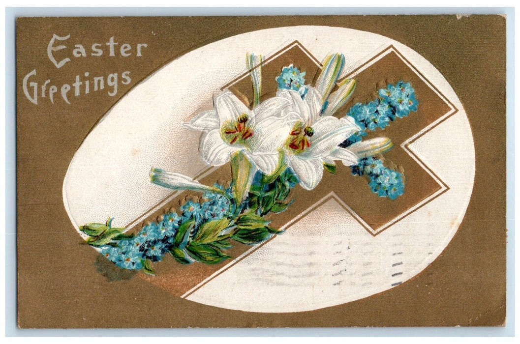 1909 Easter Greetings Egg Holy Cross Pansies Lily Flowers Winsch Back Postcard