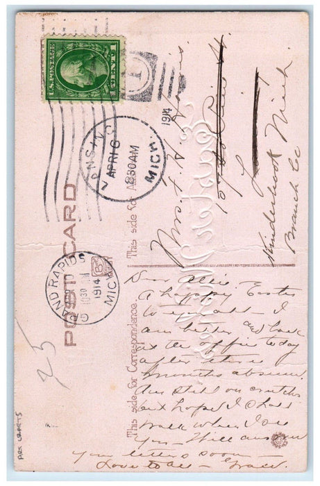 1914 Easter House Bunnies Rabbit Arts Crafts Grand Rapids Lansing MI Postcard