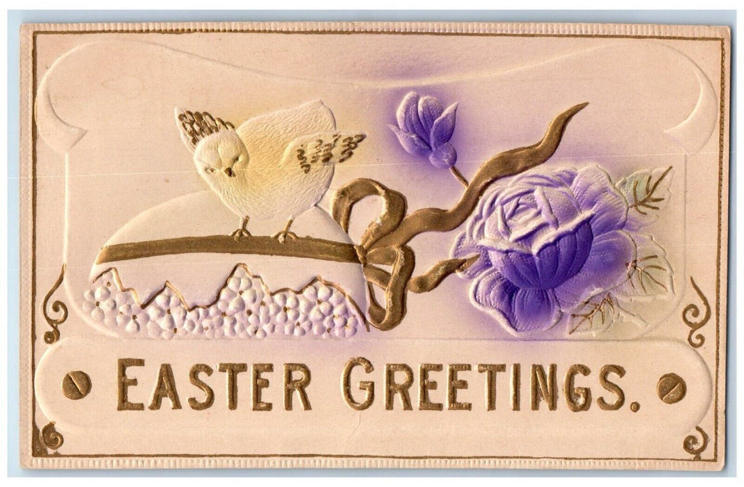 c1910's Easter Greetings Egg Chick Flowers Airbrushed Embossed Antique Postcard