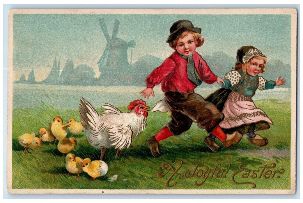 c1910's Easter Chicks Chicken Chasing Dutch Children Windmill Embossed Postcard