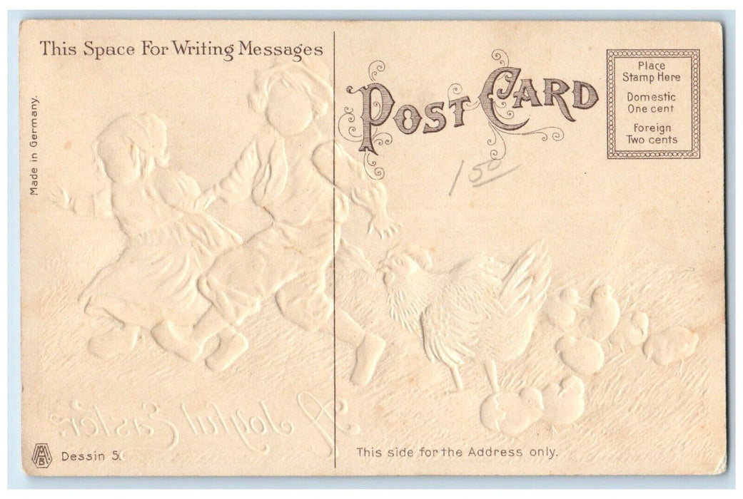 c1910's Easter Chicks Chicken Chasing Dutch Children Windmill Embossed Postcard