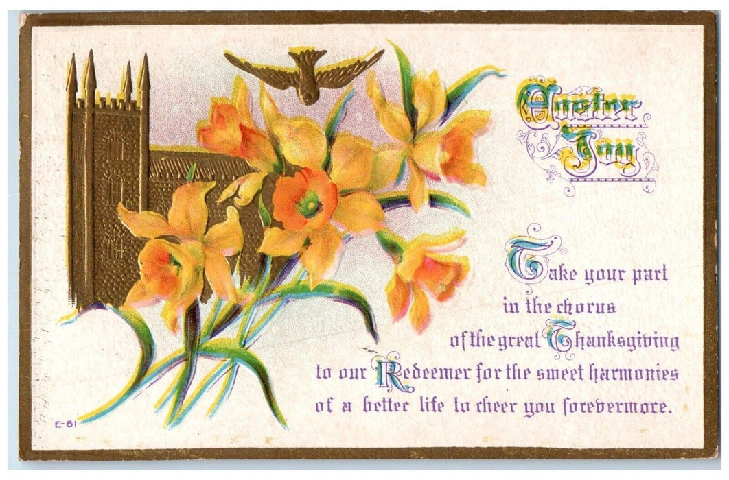 1917 Easter Joy Yellow Flowers Bird Embossed Saginaw City MI Antique Postcard