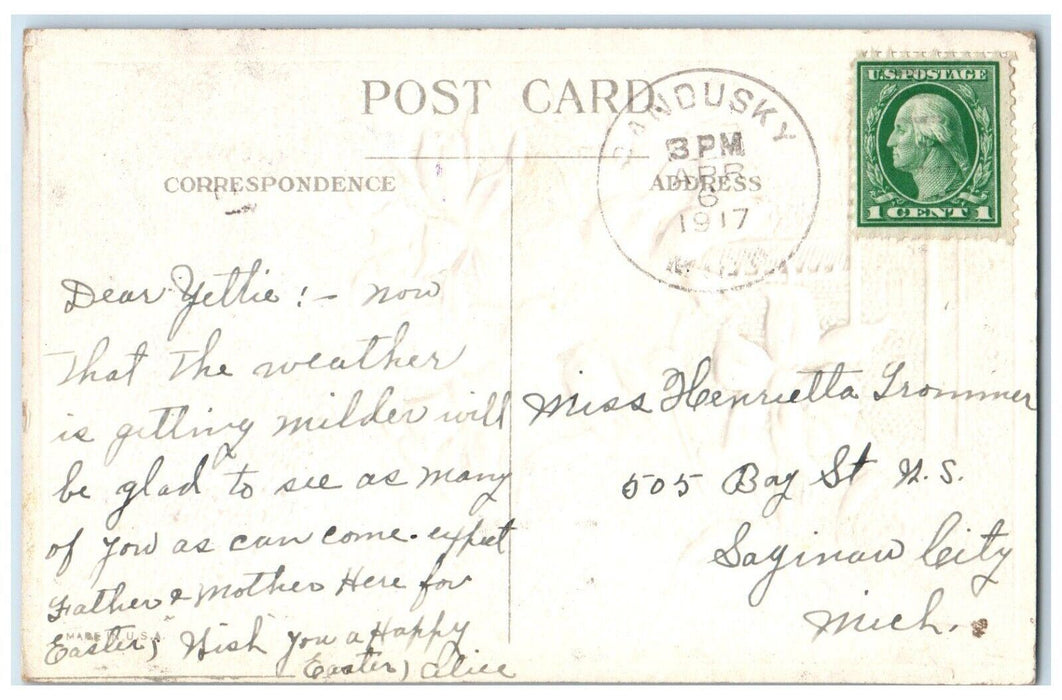1917 Easter Joy Yellow Flowers Bird Embossed Saginaw City MI Antique Postcard