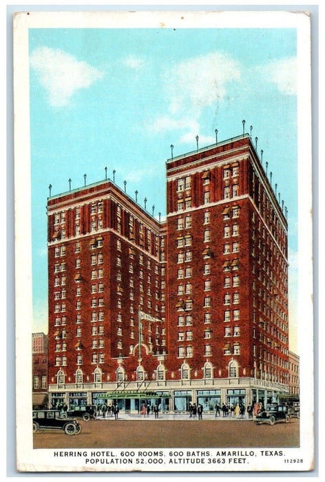 1933 Herring Hotel Exterior Building Classic Cars Street Amarillo Texas Postcard