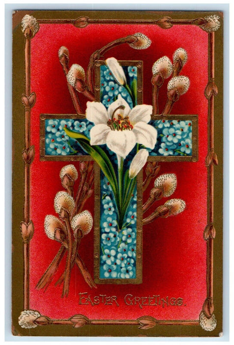 1910 Easter Greetings Holy Cross Pipe Berry Lily Pansies Flowers Posted Postcard