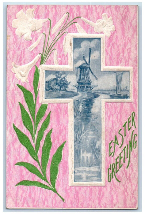 Easter Greeting Holy Cross Lily Flowers Windmill Grosse Pointe Farms MI Postcard