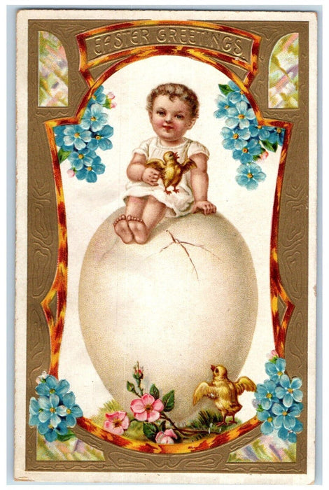 1910 Easter Greeting Little Girl On Top Of Egg Chick Pansies Flowers Postcard