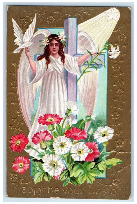 1910 Easter Holy Cross Angel Dove Lily Flowers Embossed Detroit MI Postcard