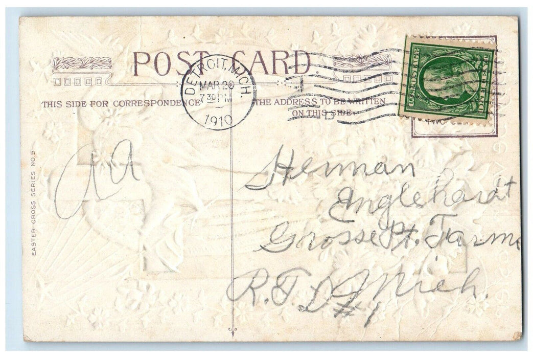 1910 Easter Holy Cross Angel Dove Lily Flowers Embossed Detroit MI Postcard