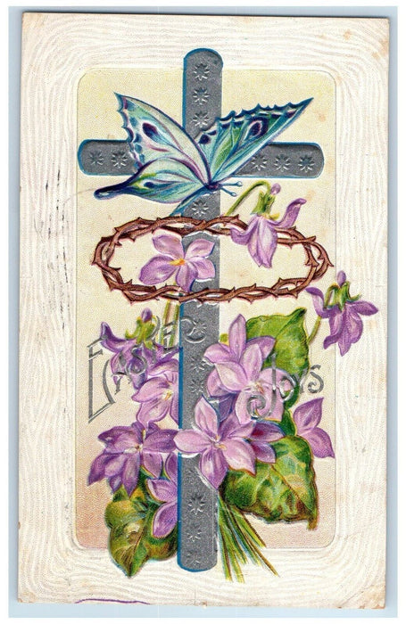 1910 Easter Holy Cross Butterfly Flowers Crown Embossed Detroit MI Postcard
