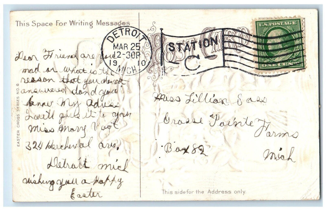 1910 Easter Holy Cross Butterfly Flowers Crown Embossed Detroit MI Postcard