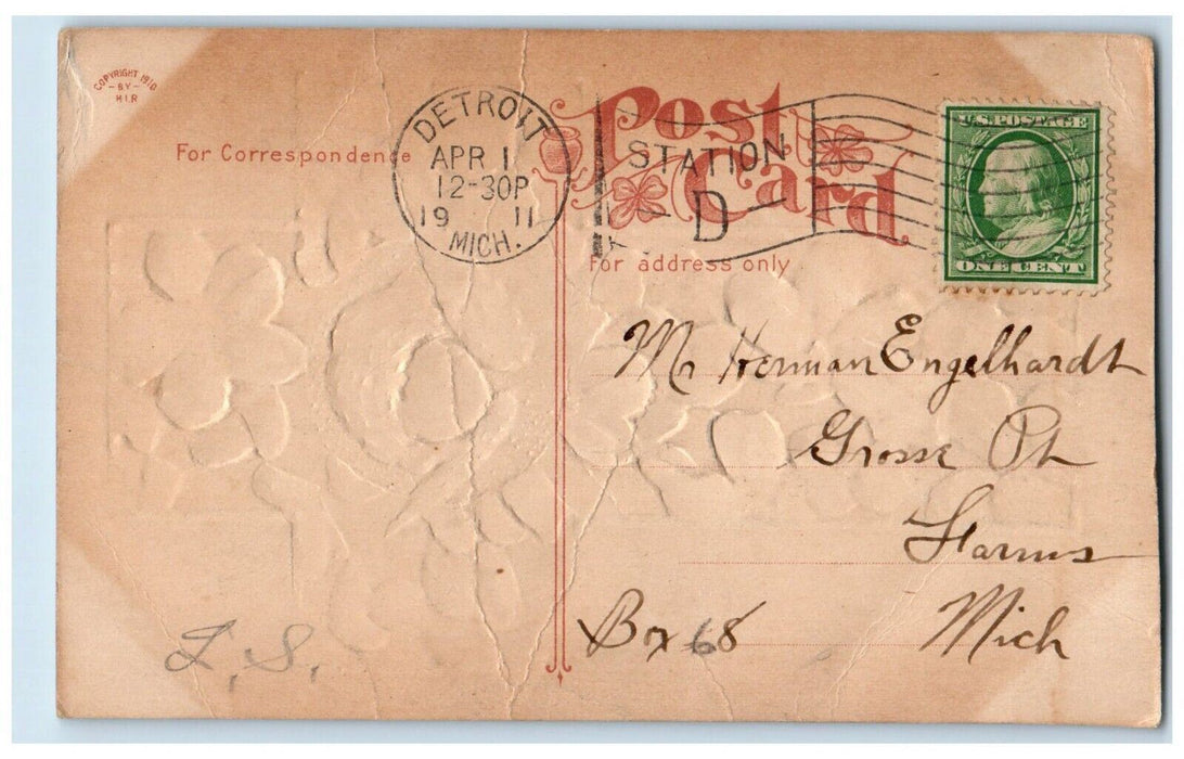 1911 Easter Holy Cross Flowers Angel Head Embossed Detroit MI Antique Postcard