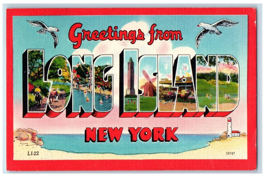 1952 Greetings From Long Island New York NY, Large Letters Birds Posted Postcard