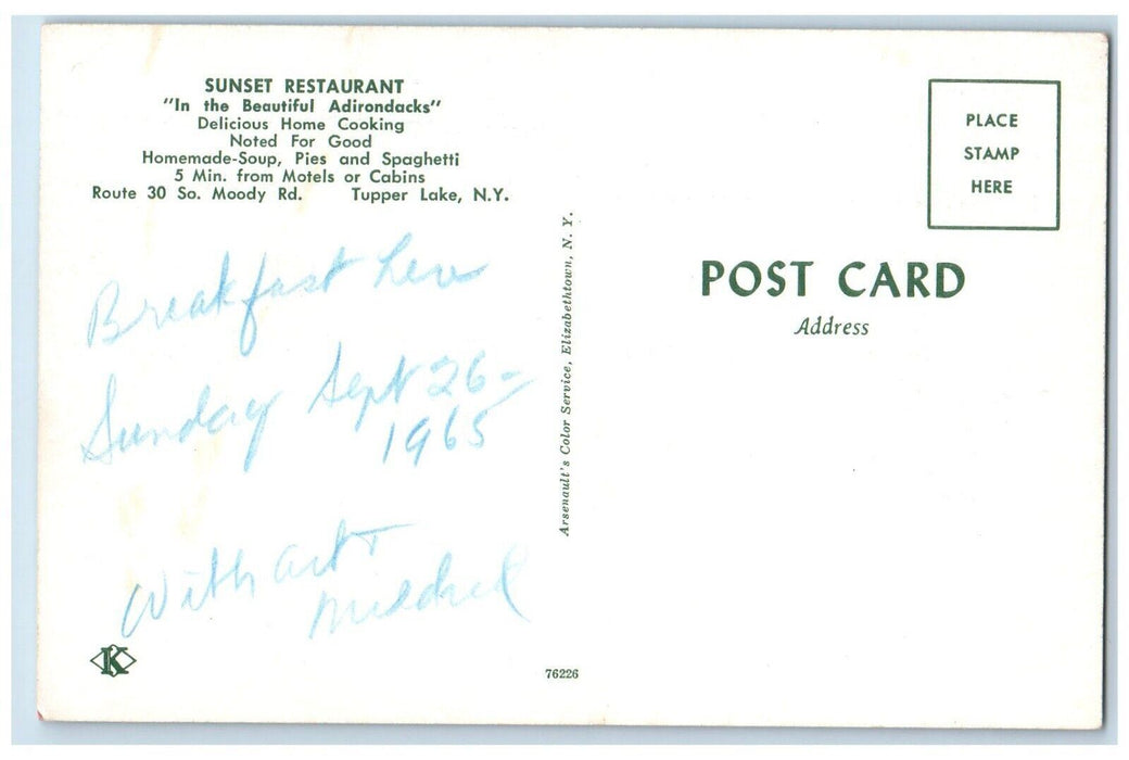 c1960 Sunset Restaurant Beautiful Adirondacks Tupper Lake New York NY Postcard