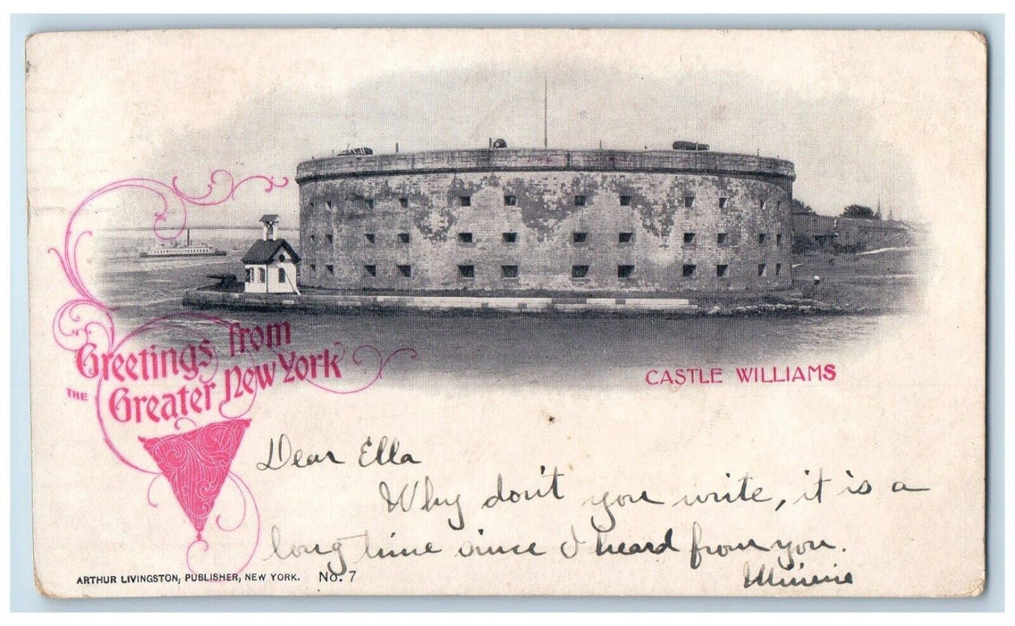 1907 Greetings From Greater New York NY, Castle Williams Posted Antique Postcard