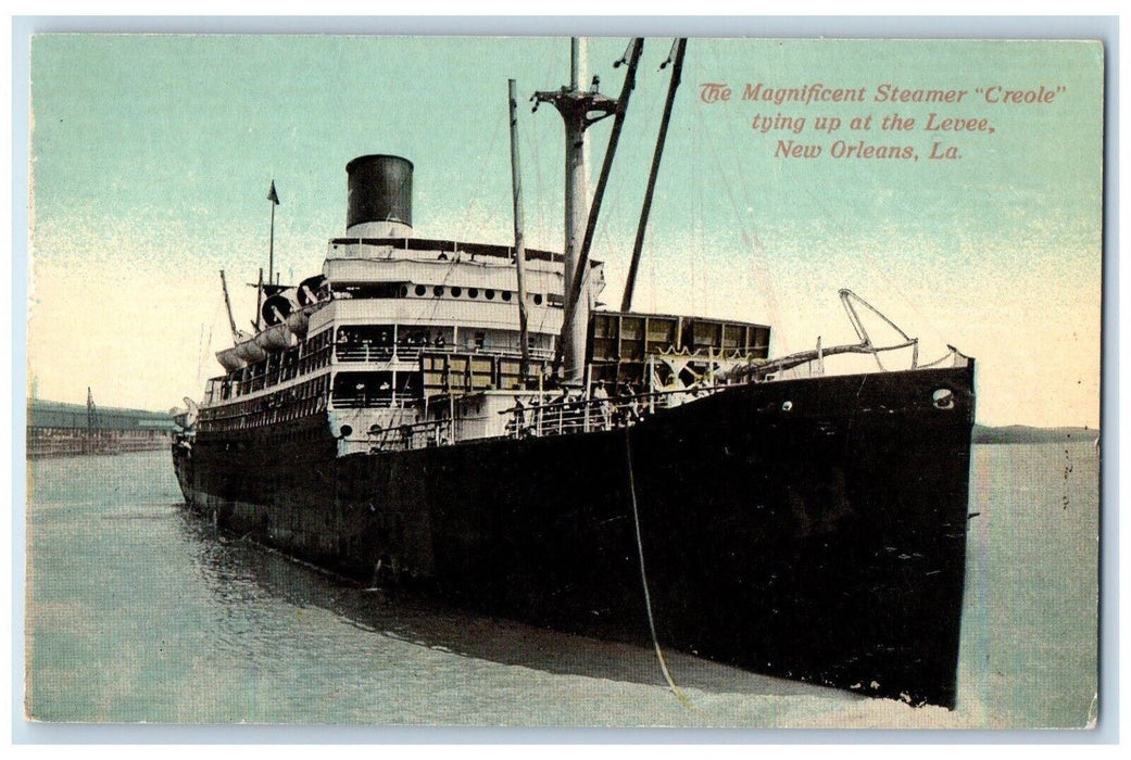 c1910 Magnificent Steamer Creole Tying Up Levee New Orleans Louisiana Postcard