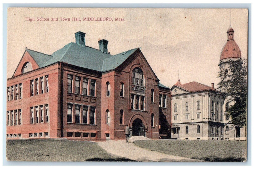 1911 High School And Town Hall Middleboro Massachusetts MA Antique Postcard