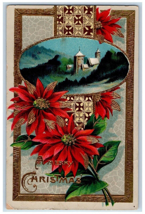 1912 Christmas Poinsettia Flowers Gel Gold Gilt Embossed Waverly NY Postcard