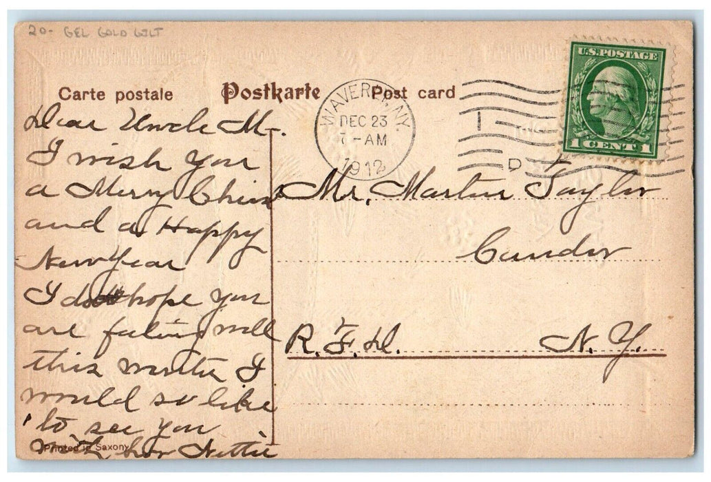 1912 Christmas Poinsettia Flowers Gel Gold Gilt Embossed Waverly NY Postcard