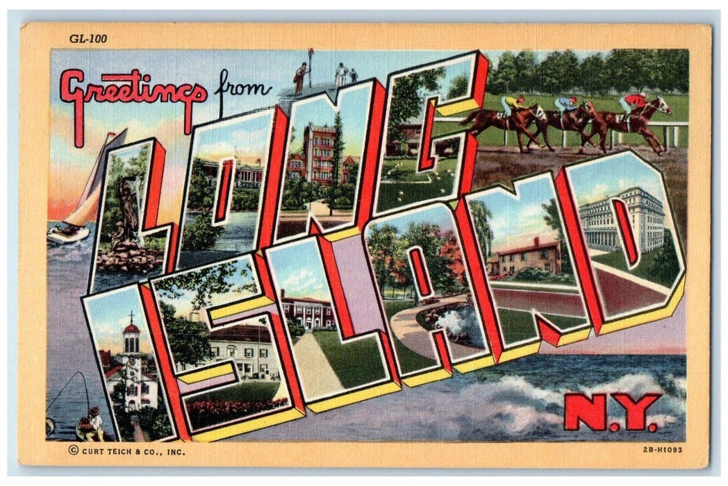 Greetings From Long Island New York NY, Large Letters Horse Racing Postcard