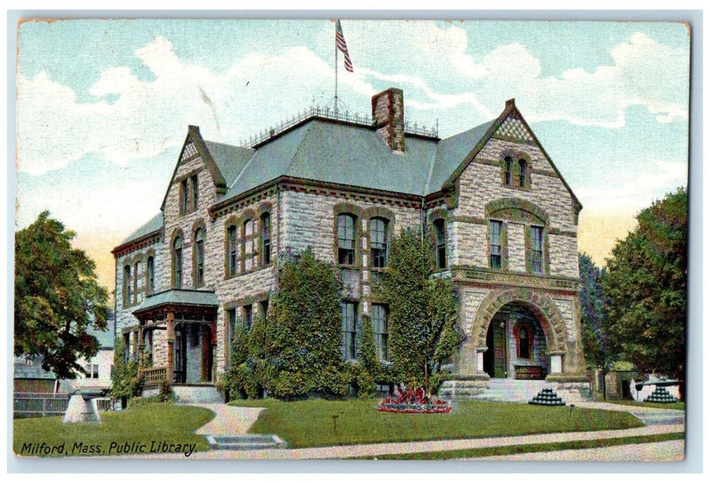1910 Public Library Building Milford Massachusetts MA Posted Antique Postcard