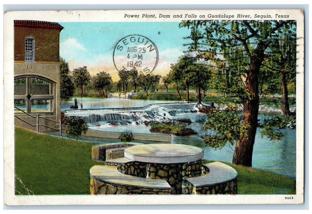 1942 Power Plant Dam Falls Guadalupe River Seguin Texas Vintage Antique Postcard