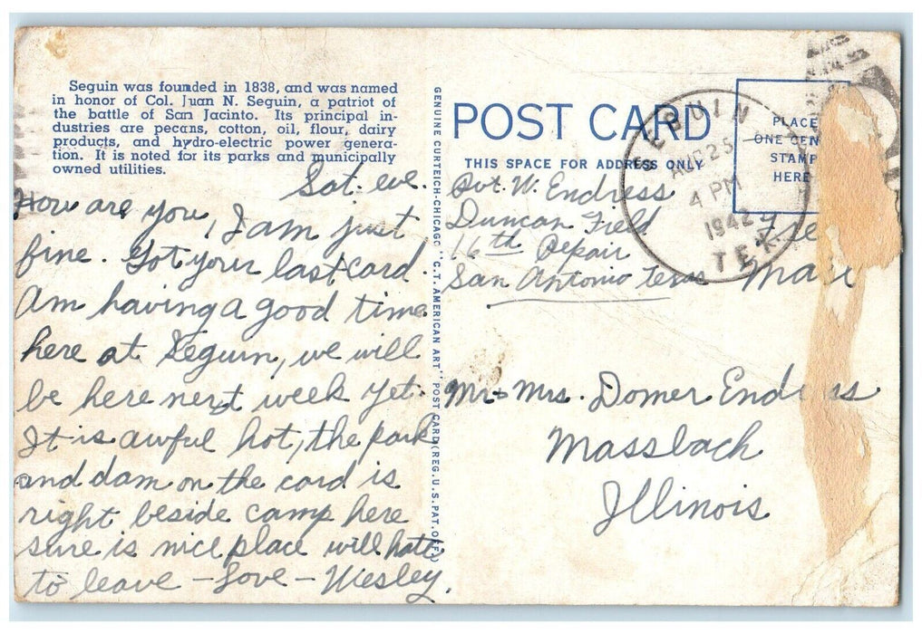 1942 Power Plant Dam Falls Guadalupe River Seguin Texas Vintage Antique Postcard