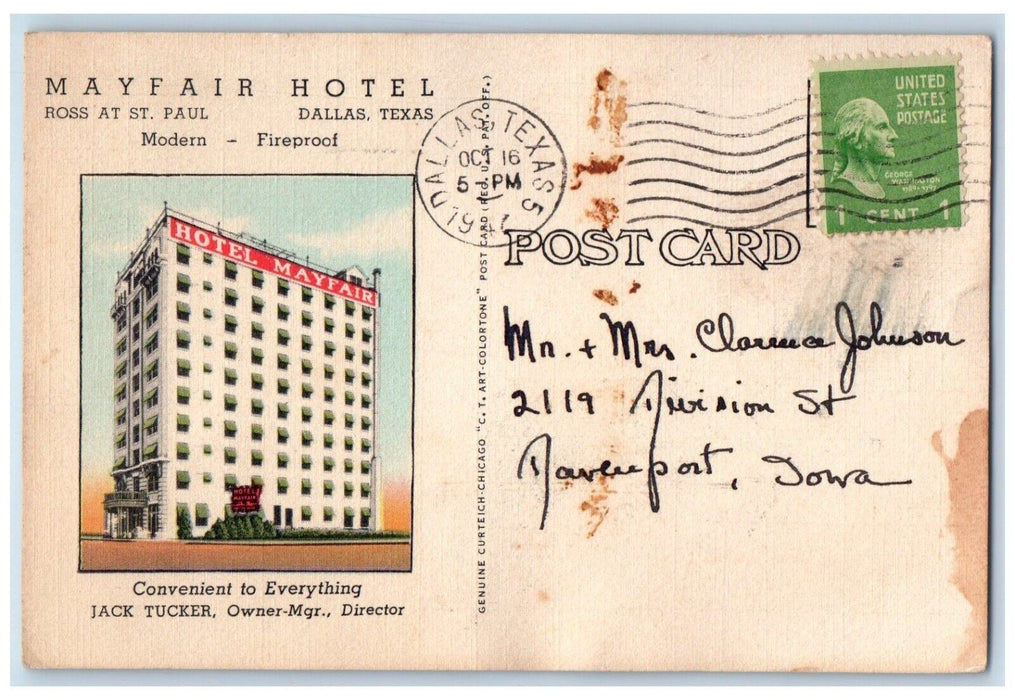 c1946 Mayfair Hotel Modern Building Dallas Texas Vintage Antique Posted Postcard