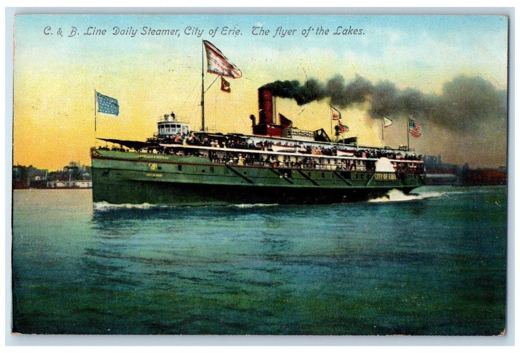 1908 Line Daily Steamer City Erie Flyer Lakes Ferry Ship Cleveland Ohio Postcard