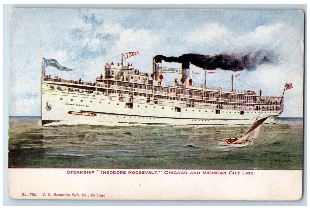 c1910 Steamship Theodore Roosevelt Chicago Michigan City Line Steamer Postcard