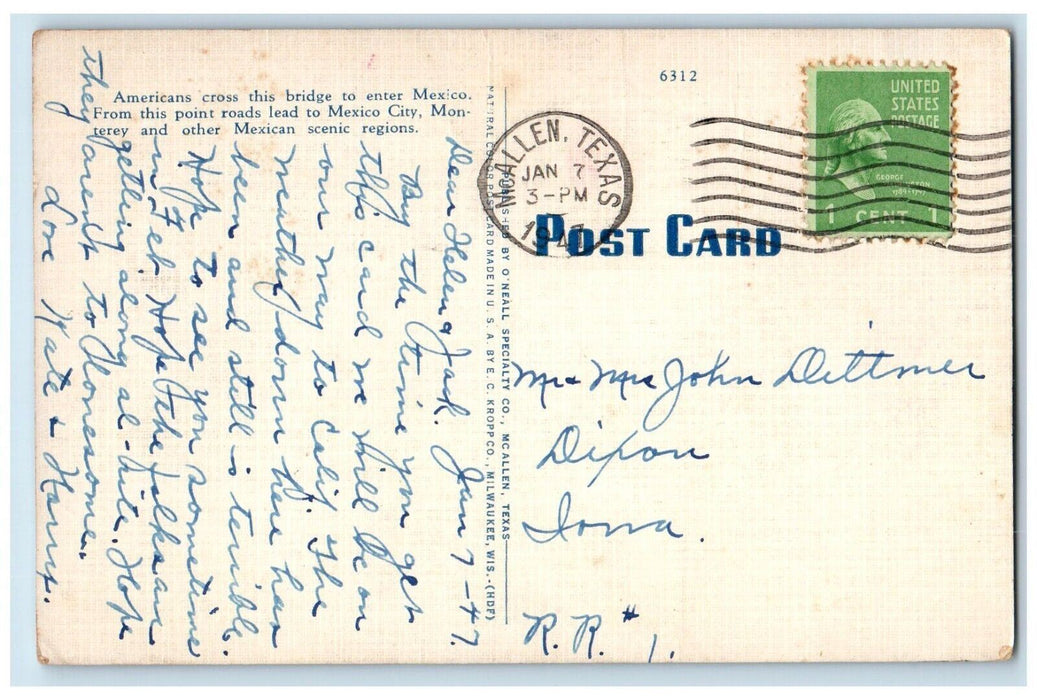 1947 Reynosa Hydalgo International Bridge Hidalgo Texas Vintage Antique Postcard