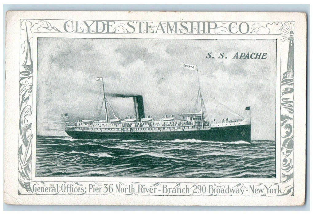 c1914 Clyde Steamship Co. S.S. Apache General Offices Broadway New York Postcard