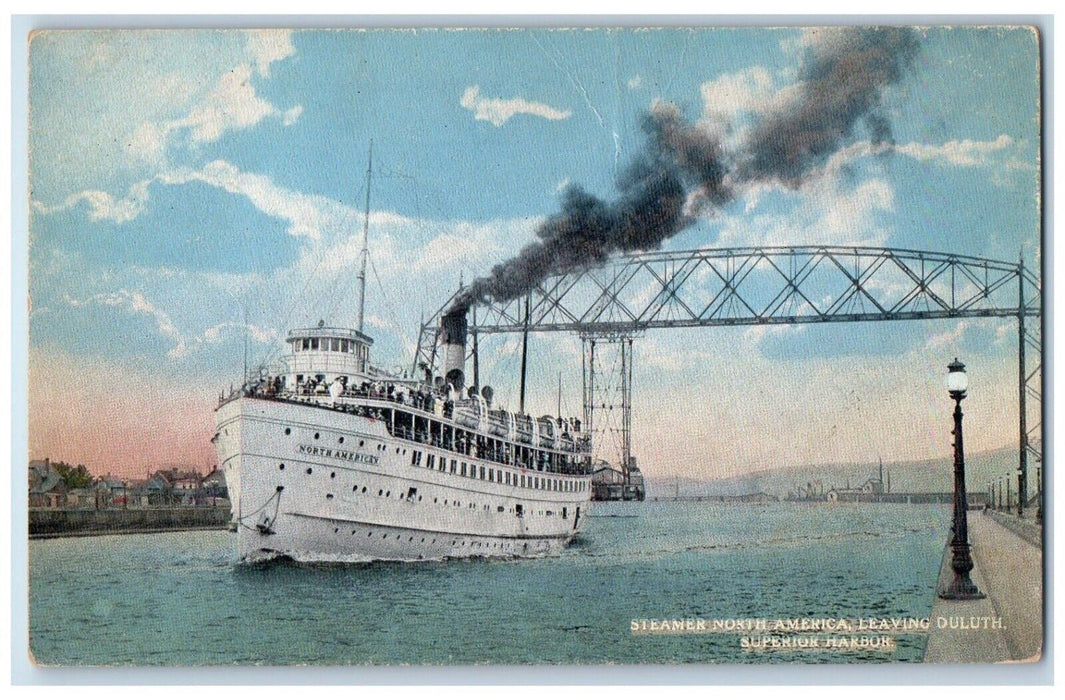 c1910 Streamer North America Leaving Duluth Superior Harbor Shipyard Postcard