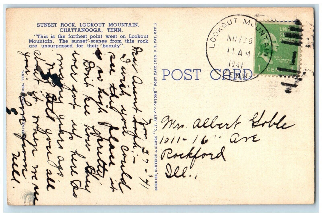 1941 Sunset Rock Lookout Mountain Chattanooga Tennessee Vintage Antique Postcard