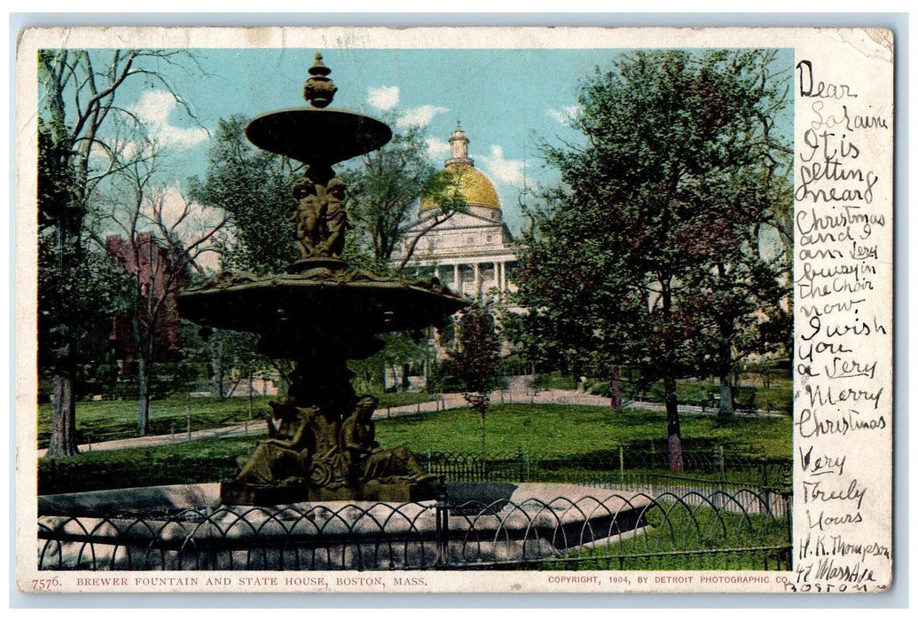 1905 Brewer Fountain And State House Boston Massachusetts MA Antique Postcard