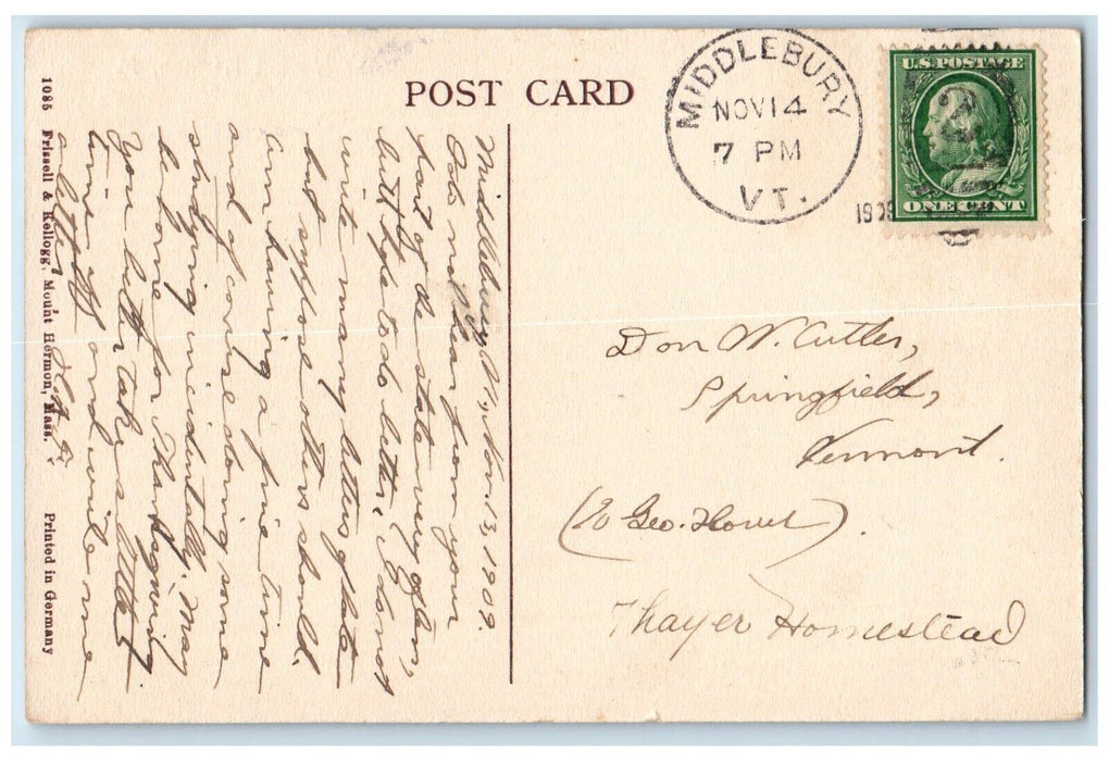 1909 Memory Chapel Mount Hermon Massachusetts MA, Middlebury VT Antique Postcard