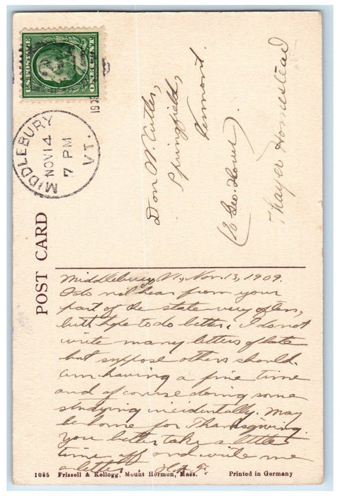 1909 Memory Chapel Mount Hermon Massachusetts MA, Middlebury VT Antique Postcard