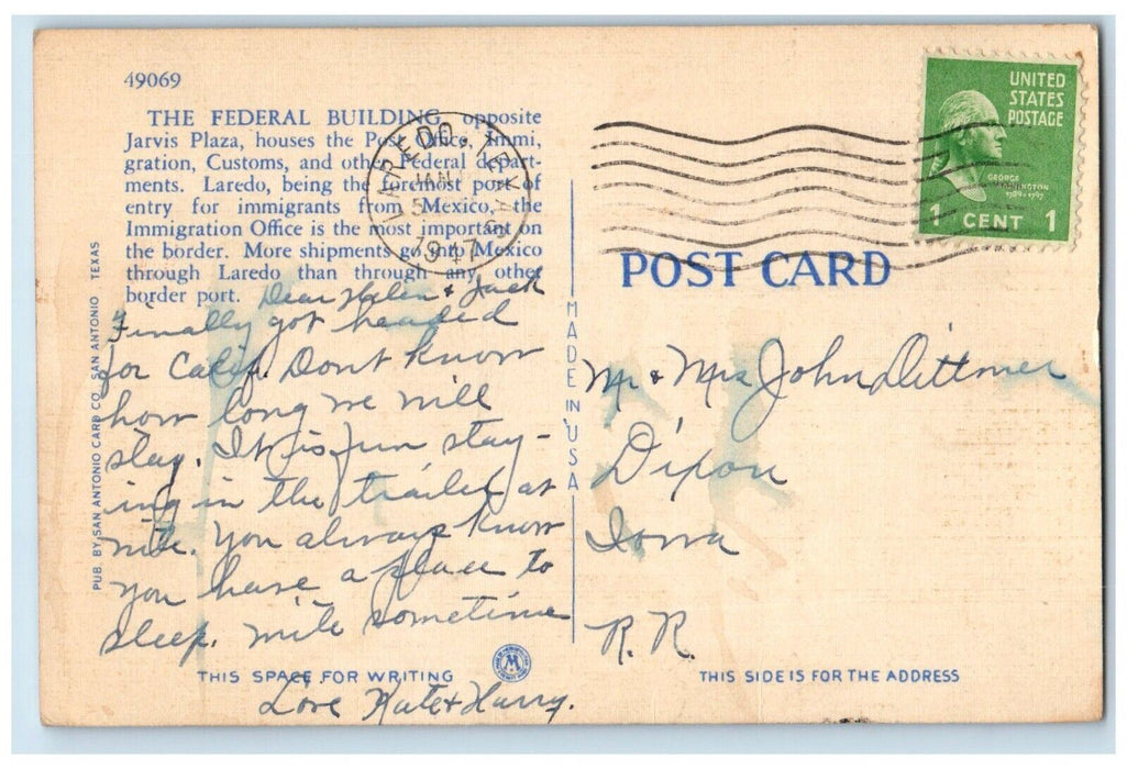 1947 United States Post Office Federal Building Laredo Texas TX Antique Postcard