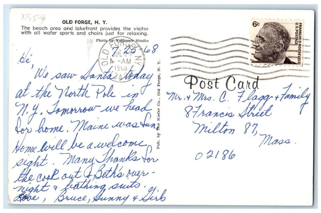 1968 Old Forge Beach Area Lakefront Water Sports Speedboat New York NY Postcard