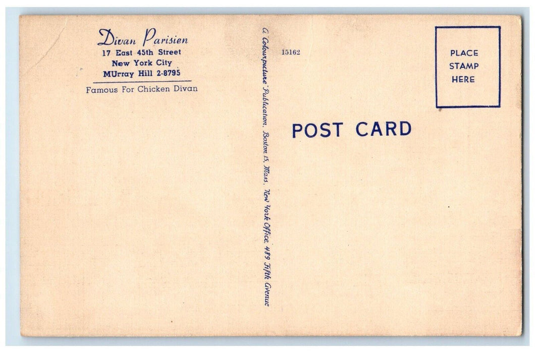 c1940 Divan Parisien Restaurant New York City Murray Hill New York NY Postcard