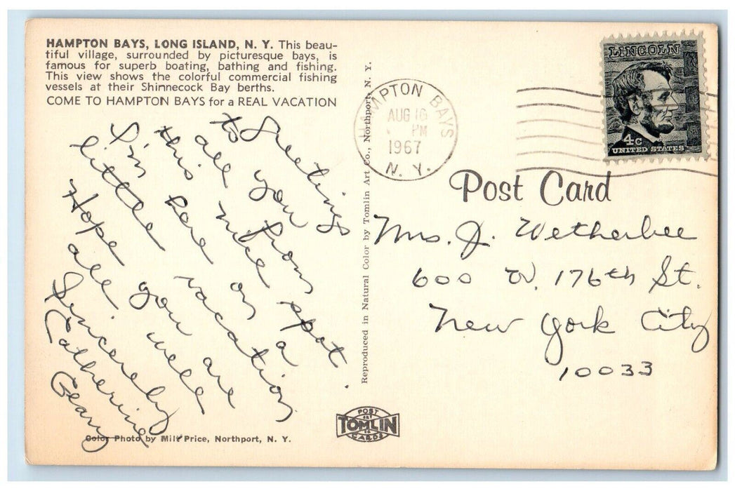 1967 Hampton Bays Fishing Boat Net Port Dock Ship Long Island New York Postcard