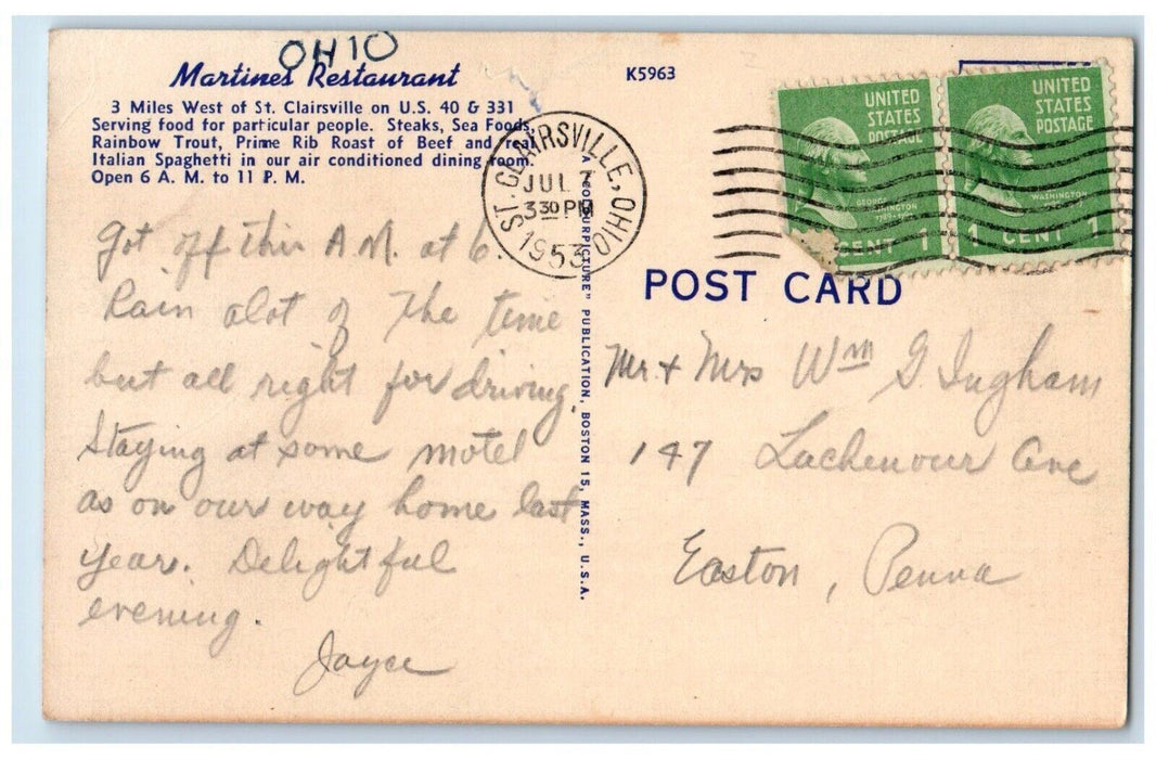 c1953 Miles West Clairsville Martines Food Restaurant Clairsville Ohio Postcard