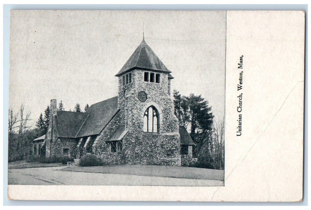 c1910's Unitarian Church Clock Street View Weston Massachusetts MA Postcard